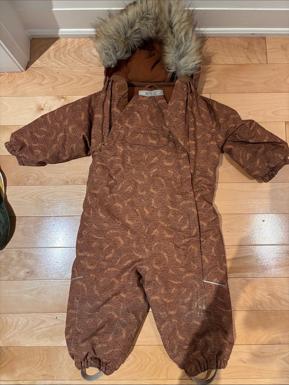Wheat kids Rust Brown Snowsuit One-Piece with Faux Fur Hood size 12m